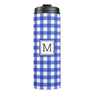 Blauw geruit monogram warmhoudmok thermosbeker