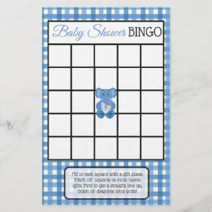 Blauw geruit olifant thema baby shower spellen flyer