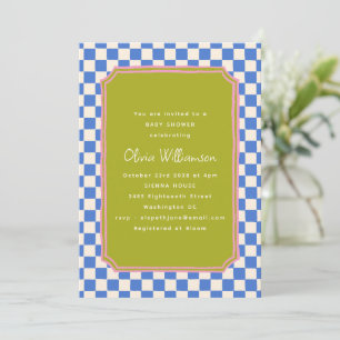 Blauw geruit olijfgroen roze babyshower kaart