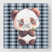 Blauw geruit panda vierkante klok (Voorkant)