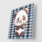 Blauw geruit panda vierkante klok (Hoek)