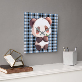 Blauw geruit panda vierkante klok