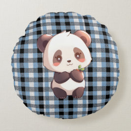 Blauw geruit panda-werpkussen rond kussen