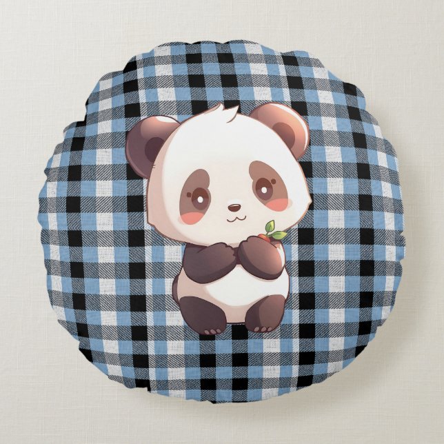 Blauw geruit panda-werpkussen rond kussen (Voorkant)