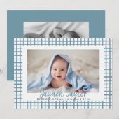 Blauw geruit patroon jongen foto geboorte aankondiging (Voorkant / Achterkant)