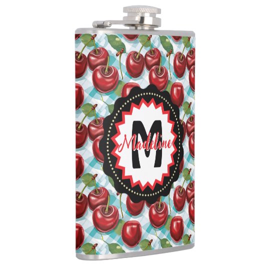 Blauw geruit Plaid Cherry patroon gepersonaliseerd Heupfles (Rechts)