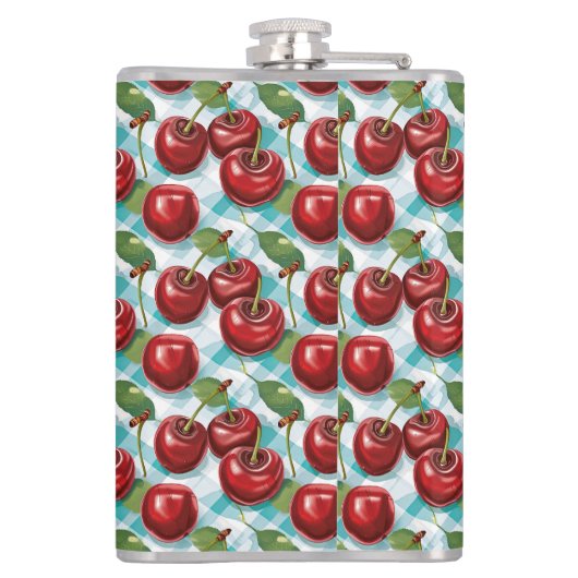 Blauw geruit Plaid Cherry patroon gepersonaliseerd Heupfles (Achterkant)