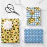 Blauw geruit polka stippen zonnebloem bloemmotieve inpakpapier vel<br><div class="desc">Zonnebloem cadeaupapier vellen met bijpassende gemengde motieven: één met veel gele zonnebloemen,  één met blauwe en witte polkadots en één met blauw geruit met clusters zonnebloemen. Voor bbq babyfeestjes,  bbq verlovingsfeestjes,  bbq bruidsfeestjes,  bbq verjaardagen en nog veel meer!</div>