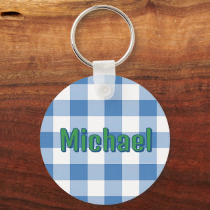 Blauw geruit preppy jongen gepersonaliseerde schoo sleutelhanger