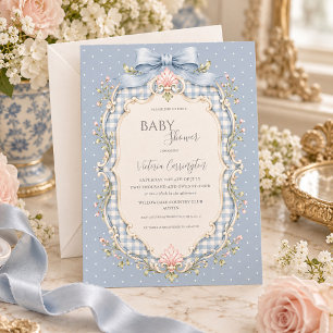 Blauw geruit roze bloemmotief vintage babyshower kaart