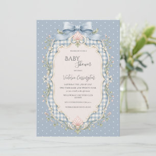 Blauw geruit roze bloemmotief vintage babyshower kaart