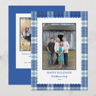 Blauw geruit Scallop Frame Foto Kerstmis  Feestdagenkaart