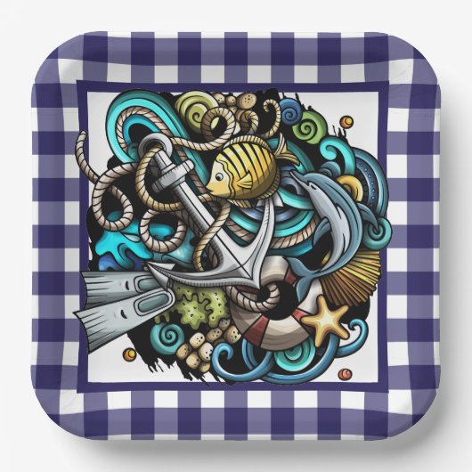 Blauw geruit scheepvaart papier bord (Voorkant)