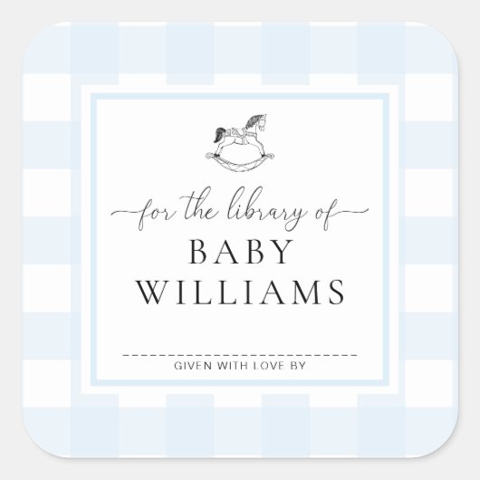 Blauw geruit schommelpaard bibliotheek boekplaat vierkante sticker (Voorkant)