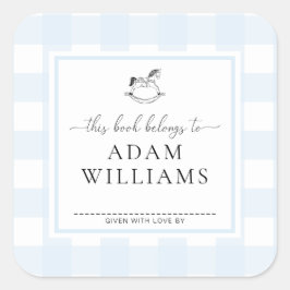 Blauw geruit schommelpaard-boekenlegesticker vierkante sticker