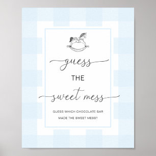 Blauw geruit schommelpaard Raad de zoete puinhoop Poster
