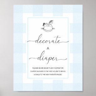 Blauw geruit schommelpaard versier een luier spel poster
