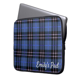 Blauw geruit Schots patroon met naam Laptop Sleeve