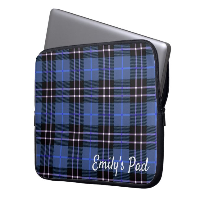 Blauw geruit Schots patroon met naam Laptop Sleeve (Voorkant Links)