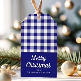 Blauw Geruit Schrift Kerst Cadeaulabel