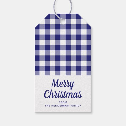 Blauw geruit Script Vrolijk Kerstfeest Cadeaulabel (Voorkant)