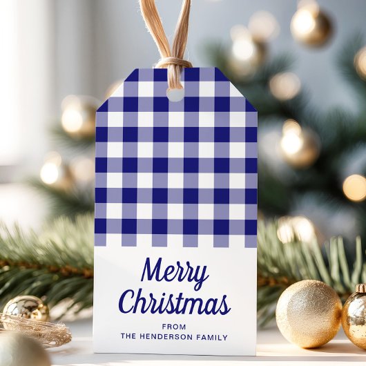 Blauw geruit Script Vrolijk Kerstfeest Cadeaulabel