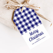 Blauw geruit Script Vrolijk Kerstfeest Cadeaulabel