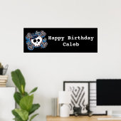 Blauw geruit Skull & Bones verjaardagsfeest banner Poster (Thuiskantoor)