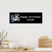 Blauw geruit Skull & Bones verjaardagsfeest banner Poster (Keuken)