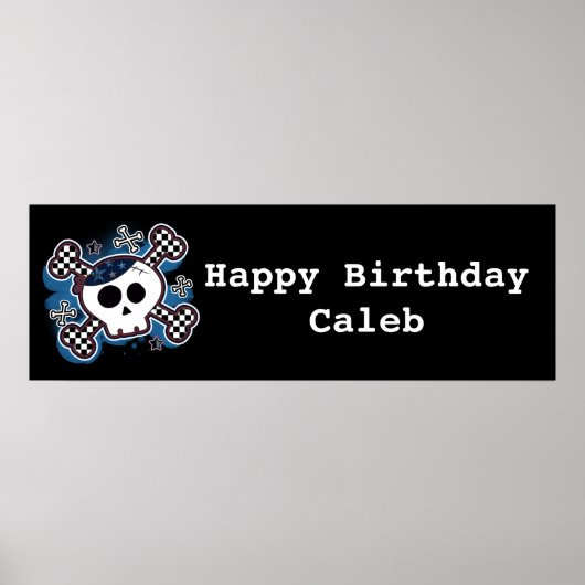 Blauw geruit Skull & Bones verjaardagsfeest banner Poster (Voorkant)
