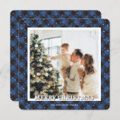 Blauw geruit sneeuwfoto kerstkaart (Voorkant / Achterkant)