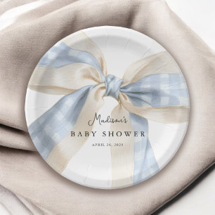 Blauw geruit strik babyshower papieren bordje