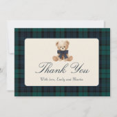 Blauw geruit teddybeer babyshower bedankkaart (Voorkant)