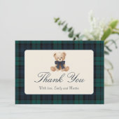 Blauw geruit teddybeer babyshower bedankkaart (Staand voorkant)