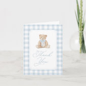 Blauw geruit teddybeer babyshower bedankkaart (Voorkant)