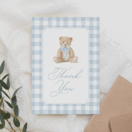 Blauw geruit teddybeer babyshower bedankkaart