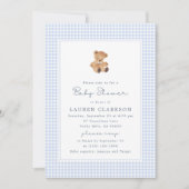 Blauw geruit teddybeer babyshower uitnodiging (Voorkant)