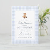 Blauw geruit teddybeer babyshower uitnodiging (Staand voorkant)