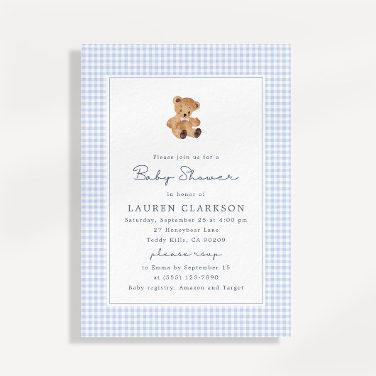 Blauw geruit teddybeer babyshower uitnodiging