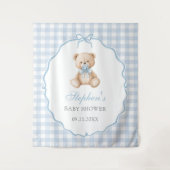 Blauw geruit teddybeer babyshower wandkleed (Voorkant)