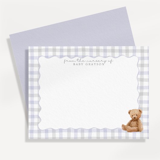 Blauw geruit teddybeer kraamkaart kaart