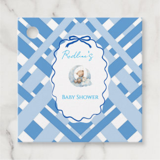 Blauw geruit teddybeer & lint jongens baby shower bedankjes labels