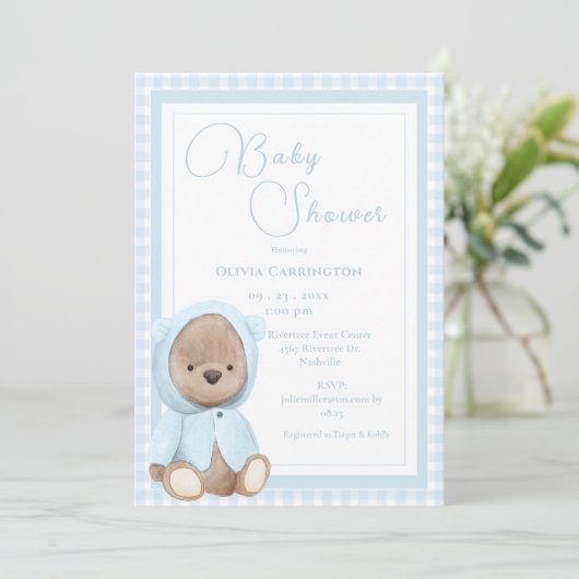 Blauw geruit vintage babyshower kaart (Staand voorkant)