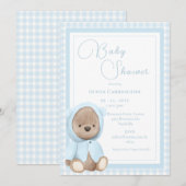Blauw geruit vintage babyshower kaart (Voorkant / Achterkant)