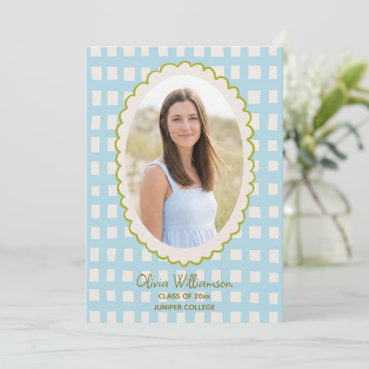 Blauw geruit Vintage Foto Afstudeercadeau Aankondiging (Staand voorkant)