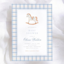 Blauw geruit vintage schommelpaard babyshower