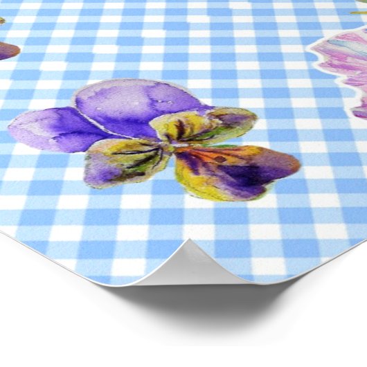 Blauw geruit viooltje bloemen Shabby Chic Poster (Hoek)