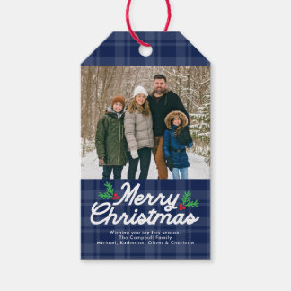 Blauw geruit vrolijk kerstfoto cadeaulabel