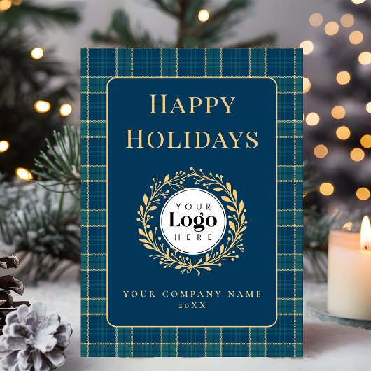 Blauw geruit zakelijk logo kerst kaart met dankbet