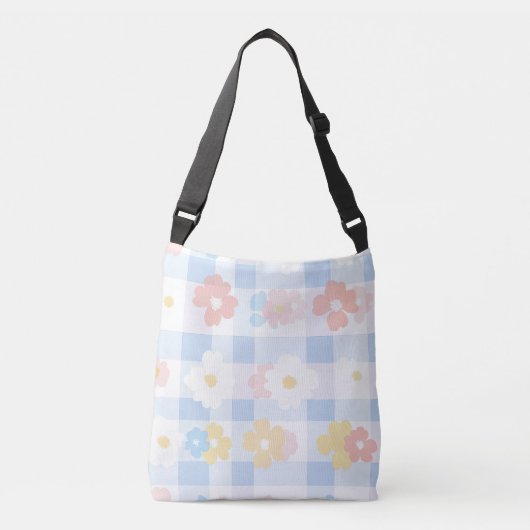 Blauw geruite bloem crossbody tas (Voorkant)